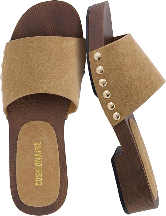 CUSHIONAIRE Timmi suede slide sandal in tan with gold stud detailing and wood-look block heel