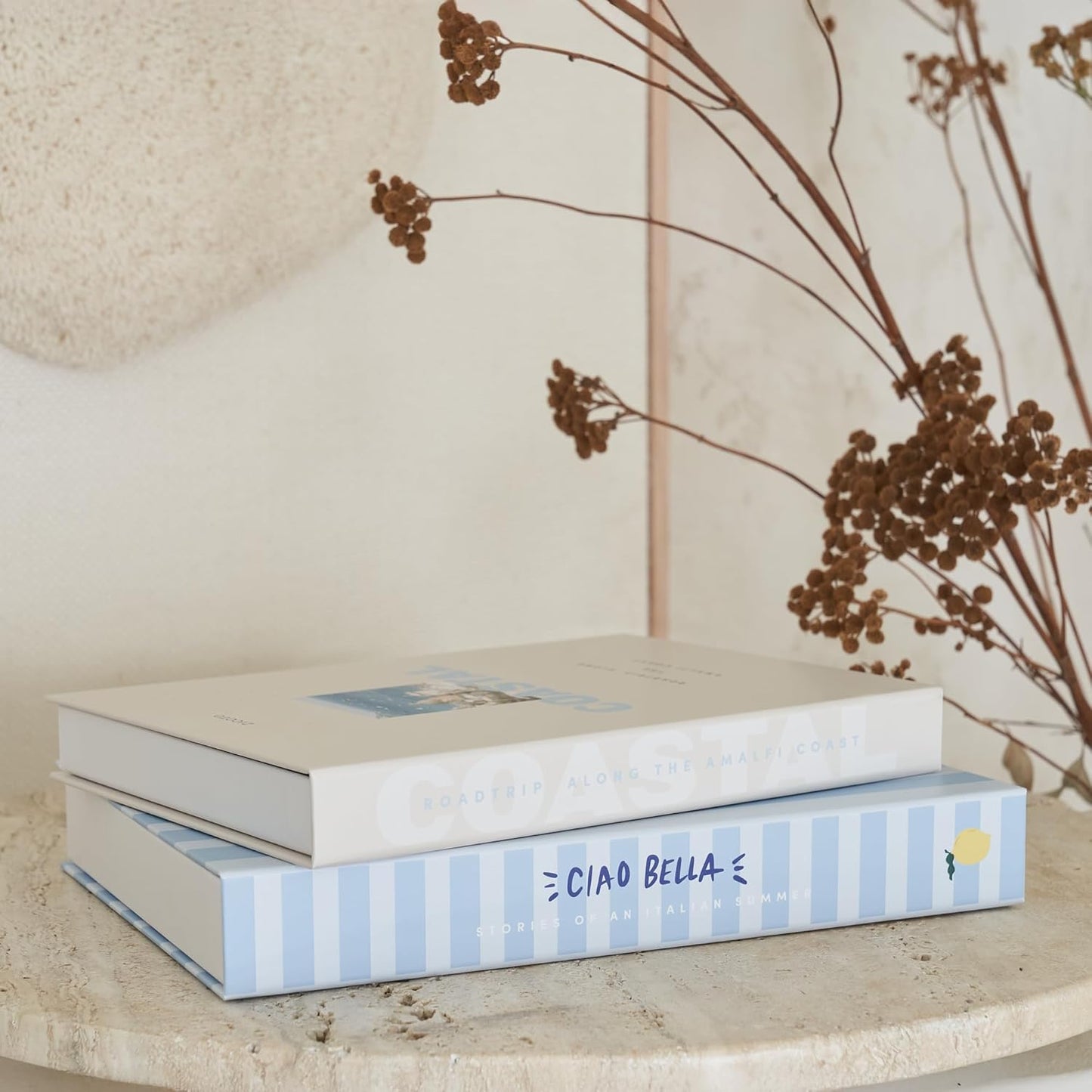 Coastal decorative faux books — set of 2 in blue and cream, lift-off keepsake boxes