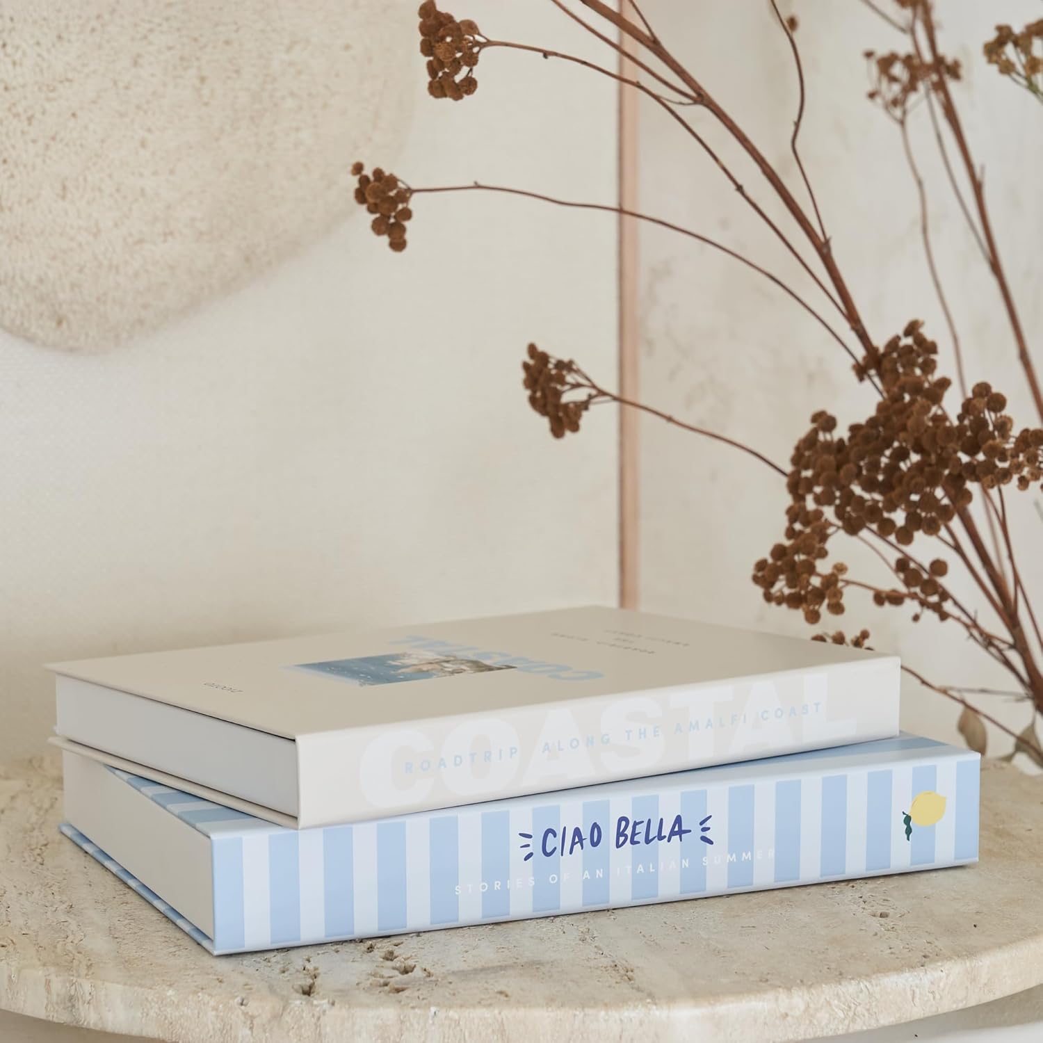 Coastal decorative faux books — set of 2 in blue and cream, lift-off keepsake boxes