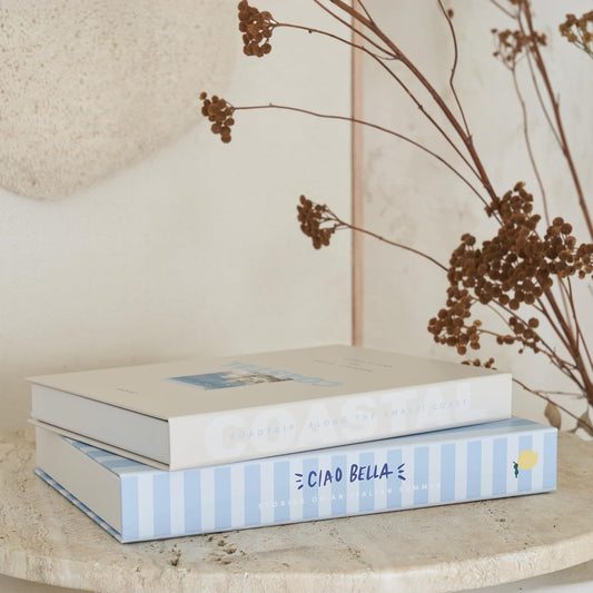 Coastal decorative faux books — set of 2 in blue and cream, lift-off keepsake boxes