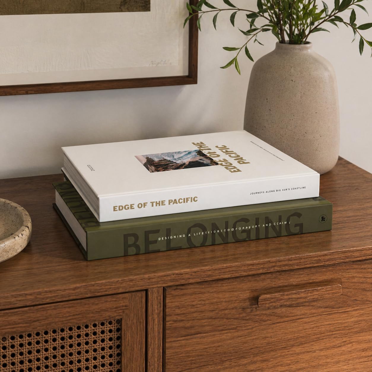 Coastal decorative faux books — set of 2 in olive and cream, lift-off keepsake boxes
