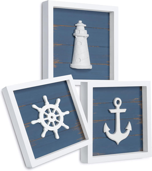 3D Nautical Wall Decor — anchor, lighthouse, and ship wheel framed set of 3 in classic blue